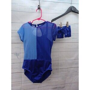Weissman Blue Dance Leotard With Sequined Mittens Sz MC Child M Sequin